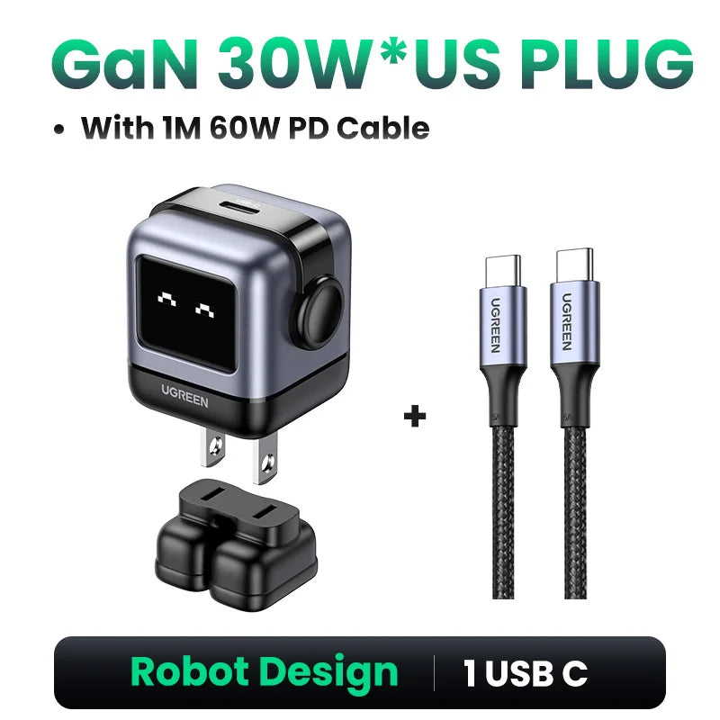 【US Plug】UGREEN 30W 65W GaN Charger Robot Design PD3.0 Fast Charger PPS for iPhone 18 17 Macbook Laptops Samsung XiaomiTablets