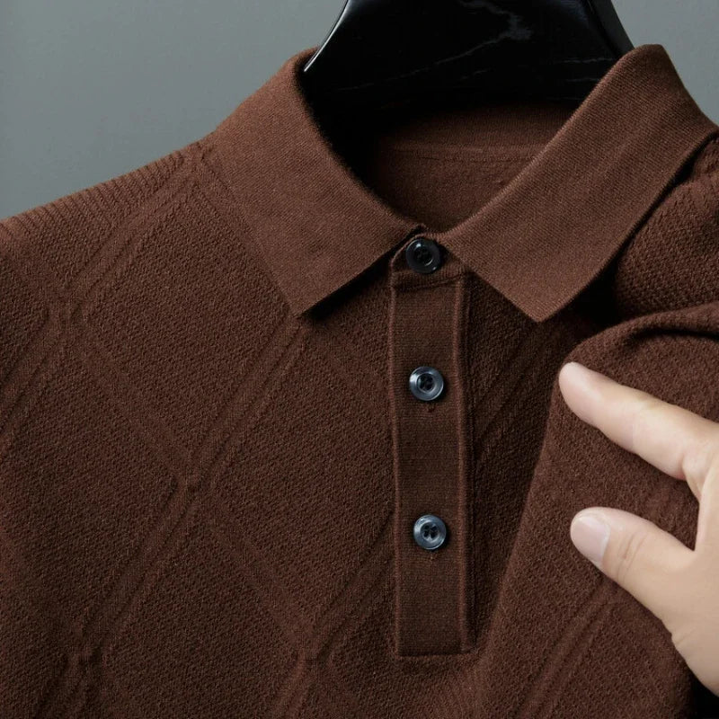 Solid color geometric pattern POLO  men's business casual daily commute warm wool sweater, high-quality men's woolen sweater.