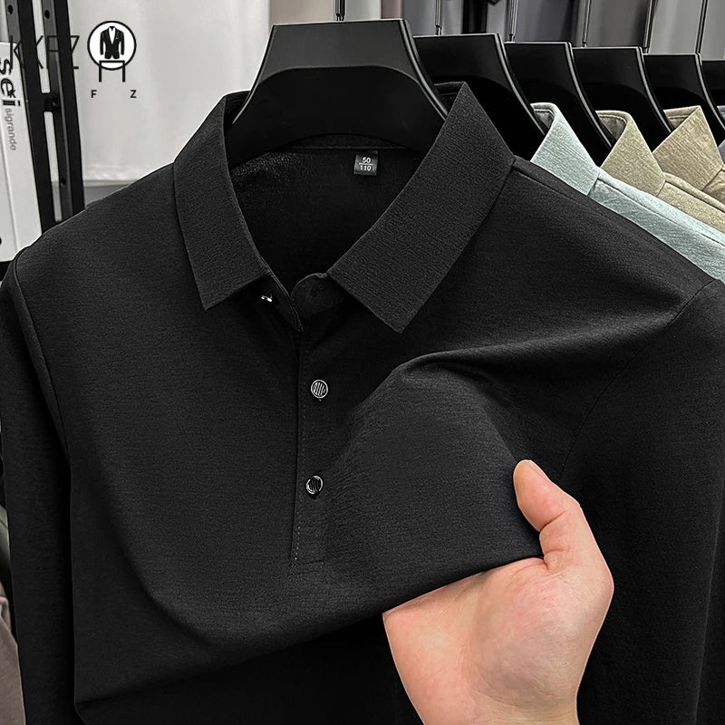 Mens Lapel Collar Long Sleeve Polo Top Heathered Texture Wrinkle Resistant Fabric Casual Office Matching Garment