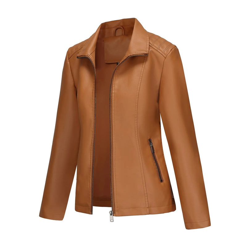 2026 Women’s Stylish Brown Faux Leather Jacket - Slim Fit, Trendy Moto Style with Zipper Detail PU Coat.