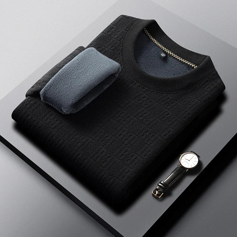 Men Thick Fleece Lined Knit Pullover Long Sleeve Crew Collar Full Embossed Letter Relax Fit Daily Wear Top
