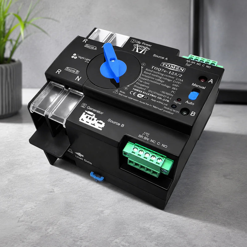 TOMZN 110V/120V Three-Phase WiFi Smart ATS, Dual Power Automatic Transfer Switch, Uninterrupted, 2P/3P/4P, EWeLink, DIN Rail