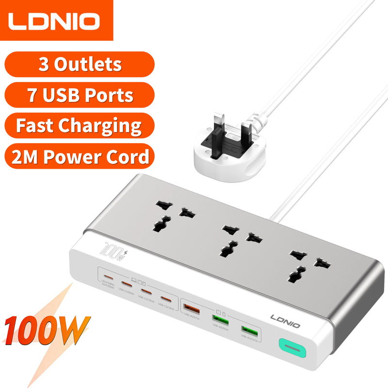 បន្ទះ ភ្លើង LDNIO 65W 13-in-1 ការពារ ការ ឡើង កម្ដៅ ខ្សែ បន្ថែម 2 ម៉ែត្រ រន្ធ ដោត ជា សកល EU KR UK US ដោត USB C ស្ថានីយ សាក ថ្ម លឿន