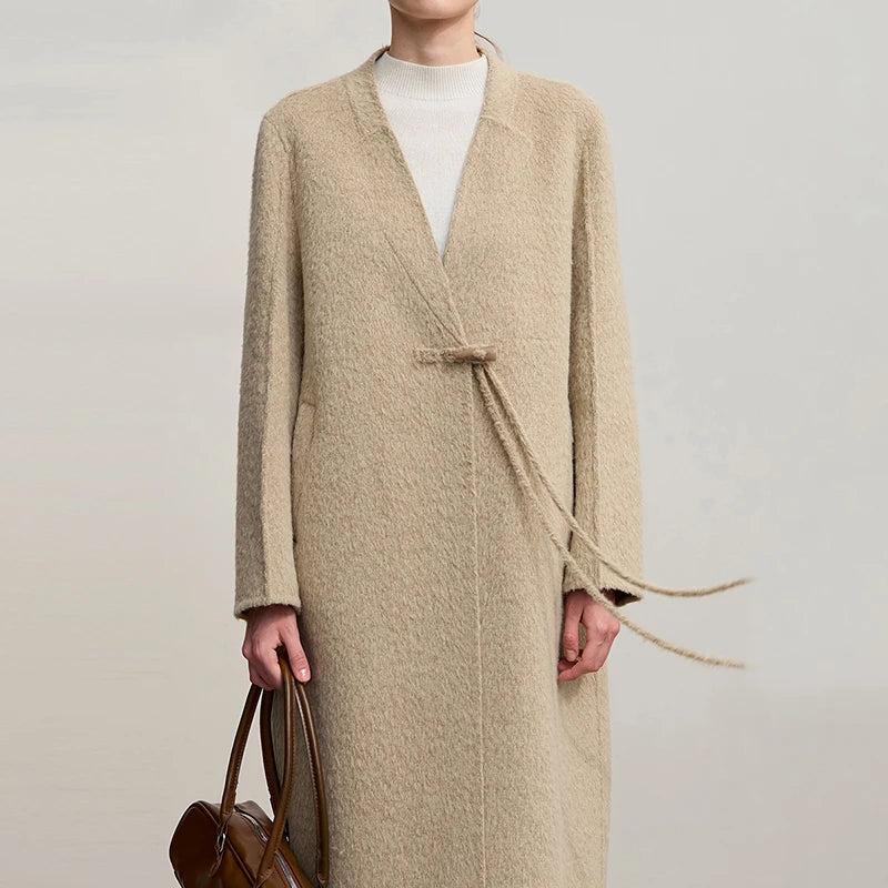 Amii Women's Coat 2026 Winter New Chinese Style V-neck Double-sided Outerwear Ladies Horn Button Woolen Jacket Woman 12554024