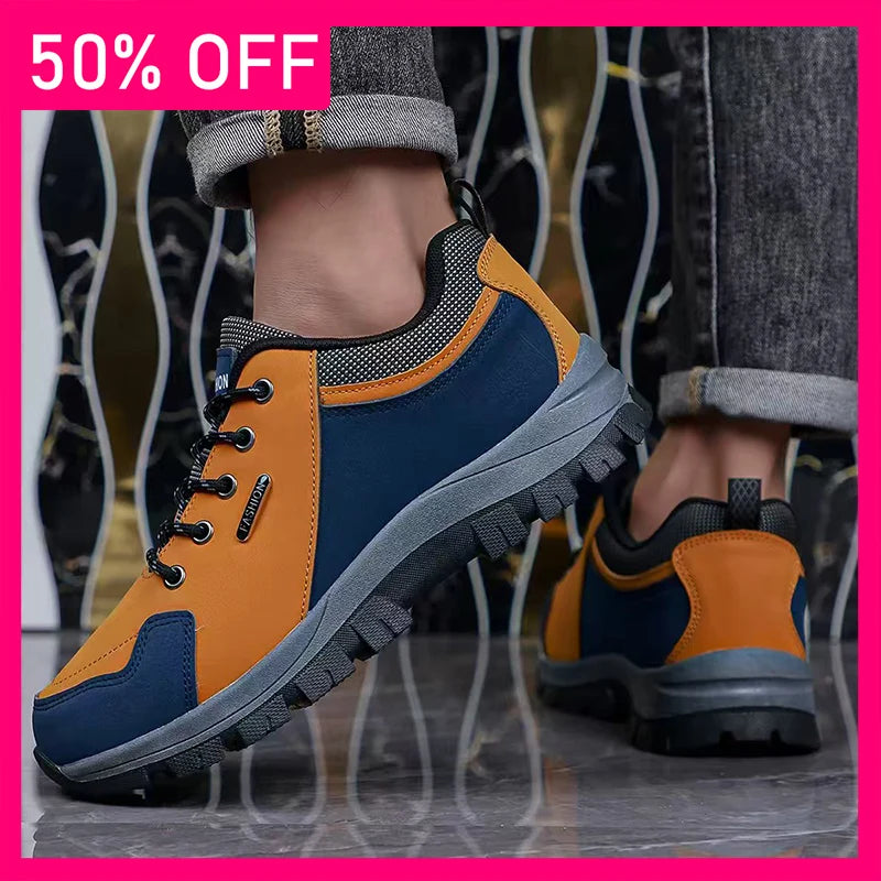 Mens Hiking Shoes New Durable Premium Leather Low-Top Lace-Up Anti-Slip Rubber Sole Versatile Outdoor Hiking Casual Sports Shoes