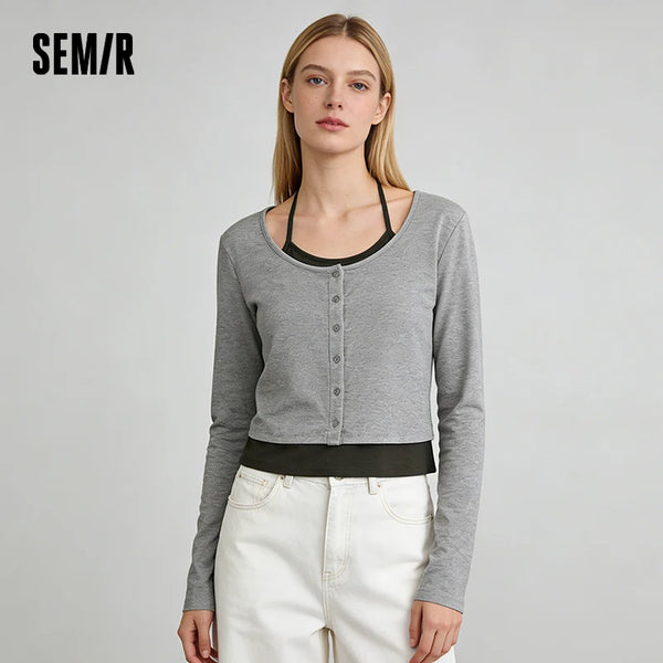 អាវយឺតស្ត្រី Semir ឆ្នាំ ២០២៦ និទាឃរដូវខ្លីកអាវស្តើងក្លែងក្លាយពីរដុំទាន់សម័យឆើតឆាយដៃវែងទាន់សម័យ