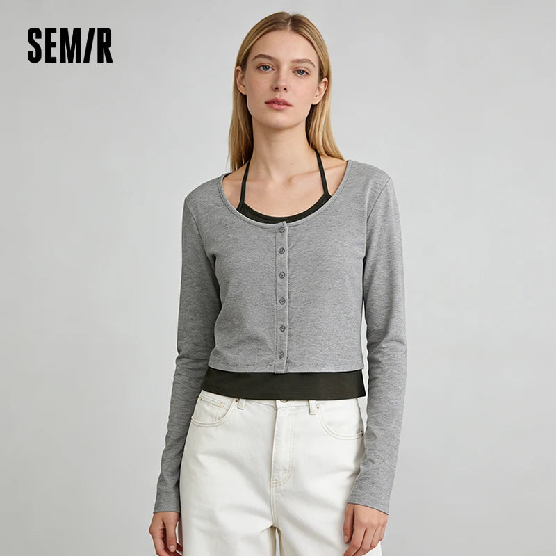 Semir Women Tshirt 2026 Spring Short Halter Neck Slim Fake Two Piece Elegant Trendy Long Sleeve Fashion Tops