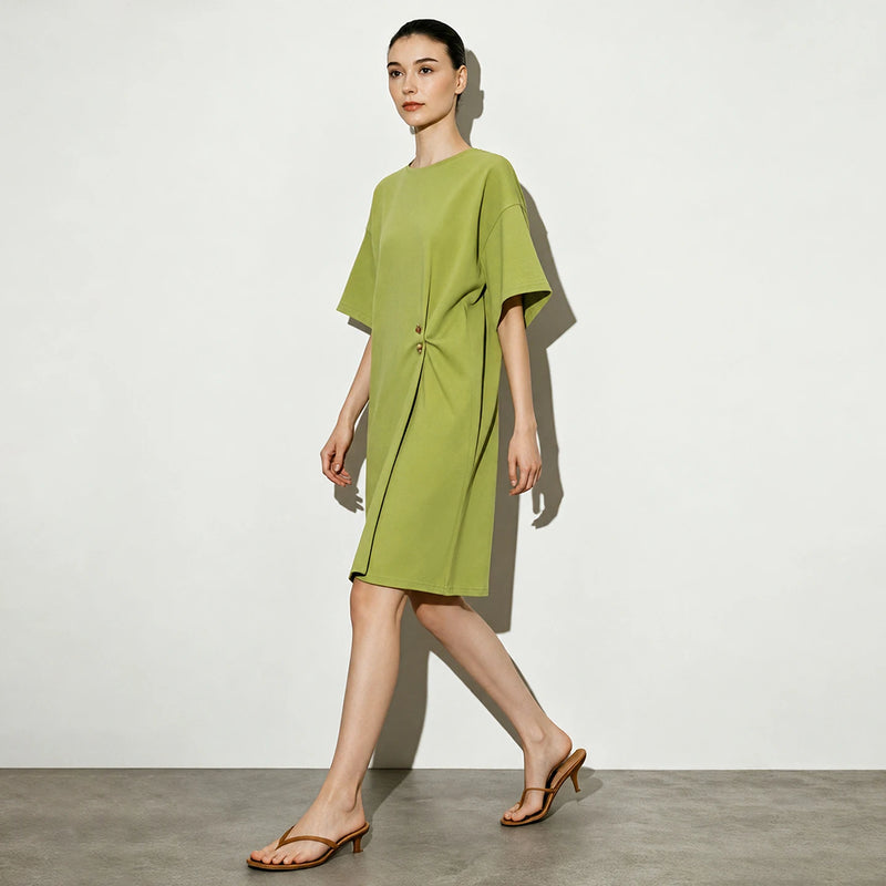 Amii 2026 Summer Womens Dresses New O Neck Drop Shoulder Short Sleeve Loose Dress Cotton Air Layer Casual Woman Clothes 12652040