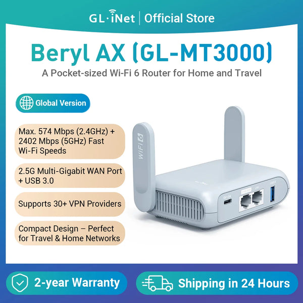 GL.iNet GL-MT3000 (Beryl AX) រ៉ោតទ័រឥតខ្សែ Wi-Fi 6 សម្រាប់ធ្វើដំណើរ Gigabit ភ្ជាប់ Wi-Fi សាធារណៈ និងសណ្ឋាគារ ច្រកចូលសម្ងាត់ សន្តិសុខតាមអ៊ីនធឺណិត