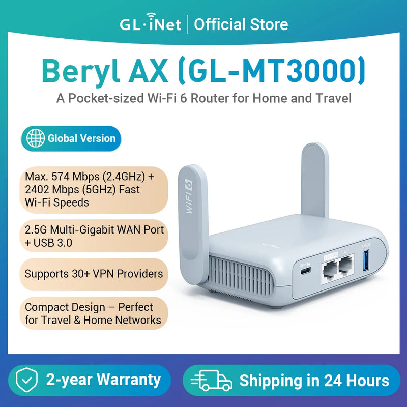 GL.iNet GL-MT3000 (Beryl AX) រ៉ោតទ័រឥតខ្សែ Wi-Fi 6 សម្រាប់ធ្វើដំណើរ Gigabit ភ្ជាប់ Wi-Fi សាធារណៈ និងសណ្ឋាគារ ច្រកចូលសម្ងាត់ សន្តិសុខតាមអ៊ីនធឺណិត