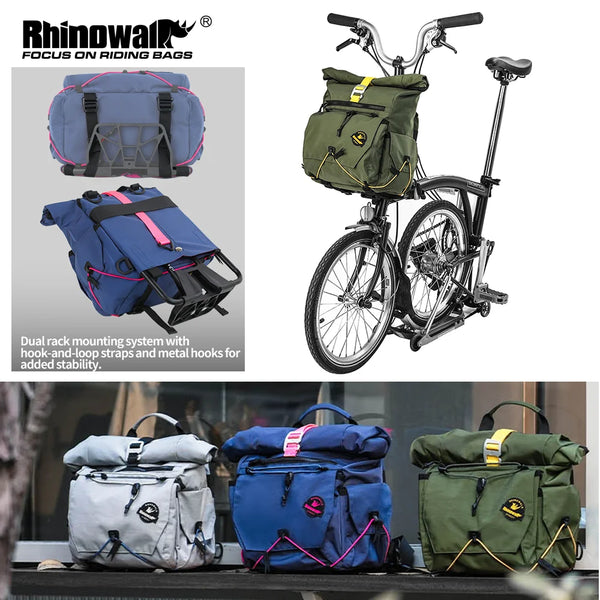 កាបូបដាក់ដៃចង្កូតកង់ Rhinowalk ទំហំ 17 លីត្រ កន្ត្រកខាងមុខ កាបូបស្ពាយសម្រាប់ជិះកង់ ជាមួយនឹងប្រព័ន្ធ MOLLE សម្រាប់ Brompton Dahon
