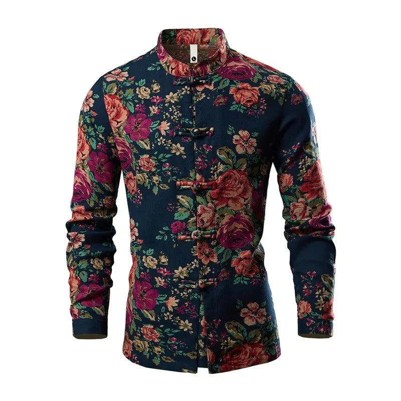 Chinese Style Men's Long-sleeved Printed Shirt, Single-breasted Stand-up Collar Shirts, Fashion Casual Top Camisas, Size M-6XL