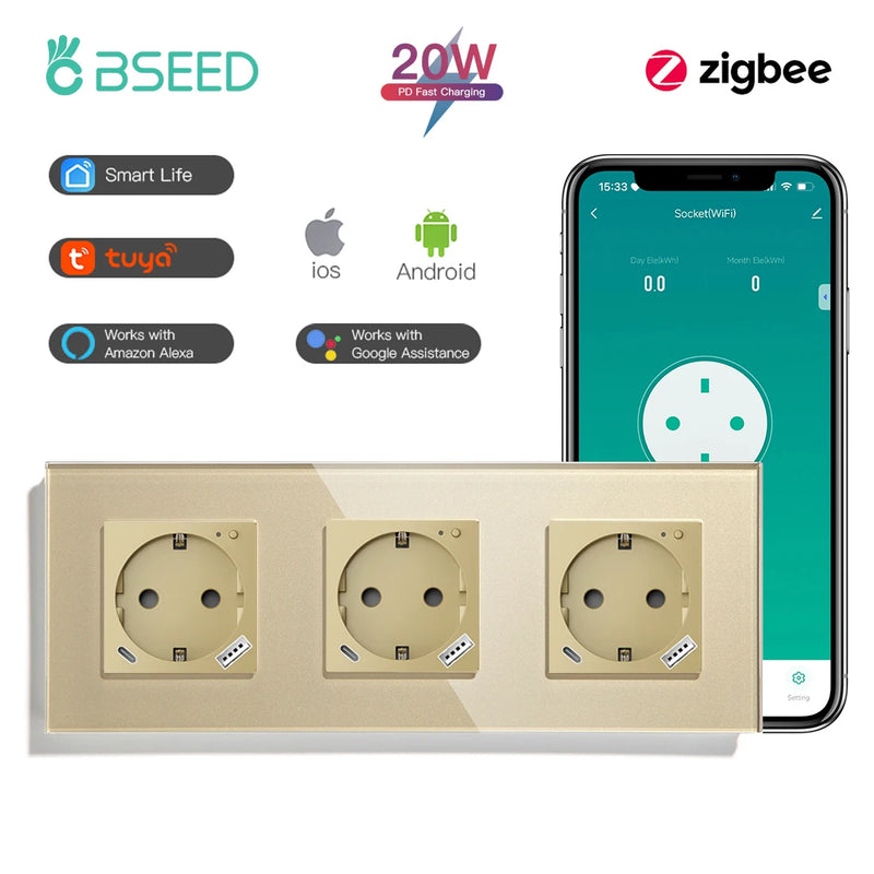 BSEED Zigbee Smart Socket 20W Fast Charge USB Type-C Phone Charge Port Glass Panel Tuya Google Home Alexa Control