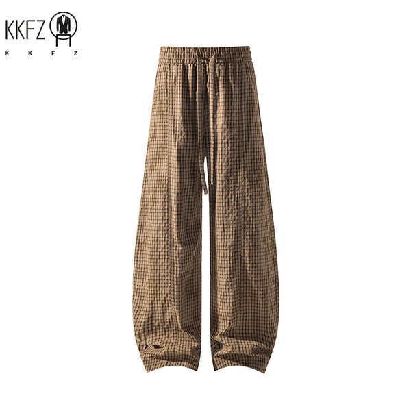 Men Relax Tapered Grid Pants Elastic Drawstring Waist Wrinkled Fabric Loose Baggy Cut Daily Casual Bottoms