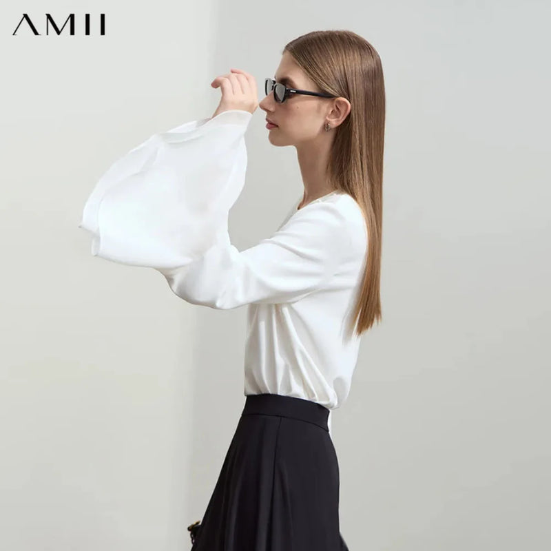 អាវ Amii Chiffon សម្រាប់ស្ត្រី 2026 រដូវស្លឹកឈើជ្រុះម៉ូដថ្មីឆើតឆាយ អាវផ្កាប៉ាក់ អាវដៃវែង 12541014
