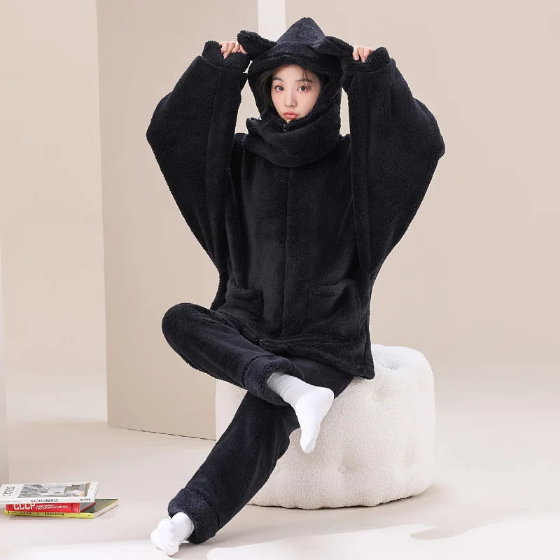 Warm Sleepwear For Winter Pajamas Thicken Flannel Coral Fleece Women's Pajamas Set Hooded Cartoon Cute Nightwear Home Clothes