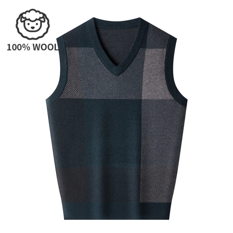 100% Wool Men's V-neck Vest, Warm for Spring and Autumn, Daily Versatile Pullover Vest.Stretchable M-4XL