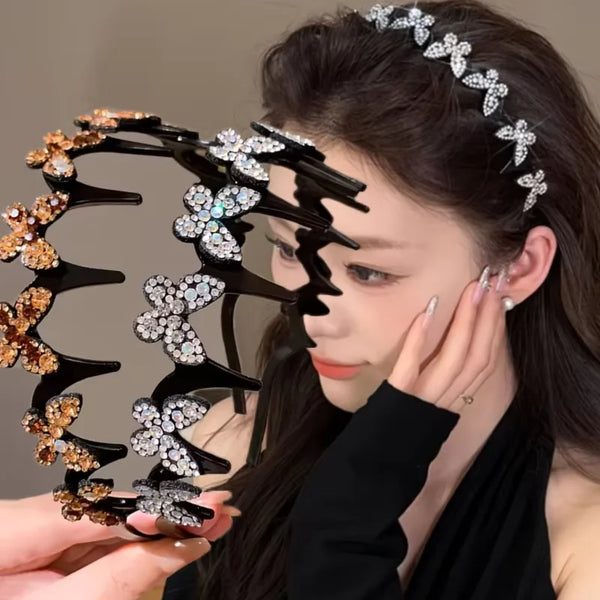 Rhinestone Butterfly Wavy Headband Fashion Sparkling Korean Style Anti-slip Toothed Headband Face Washing Hair Accessories Women