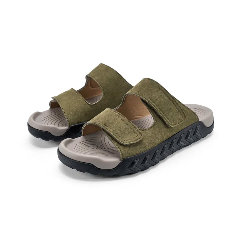 Men's Suede Slide Sandals with Adjustable Straps Comfort Footbed Non-slip Casual Slippers for Summer Indoor Outdoor Beach