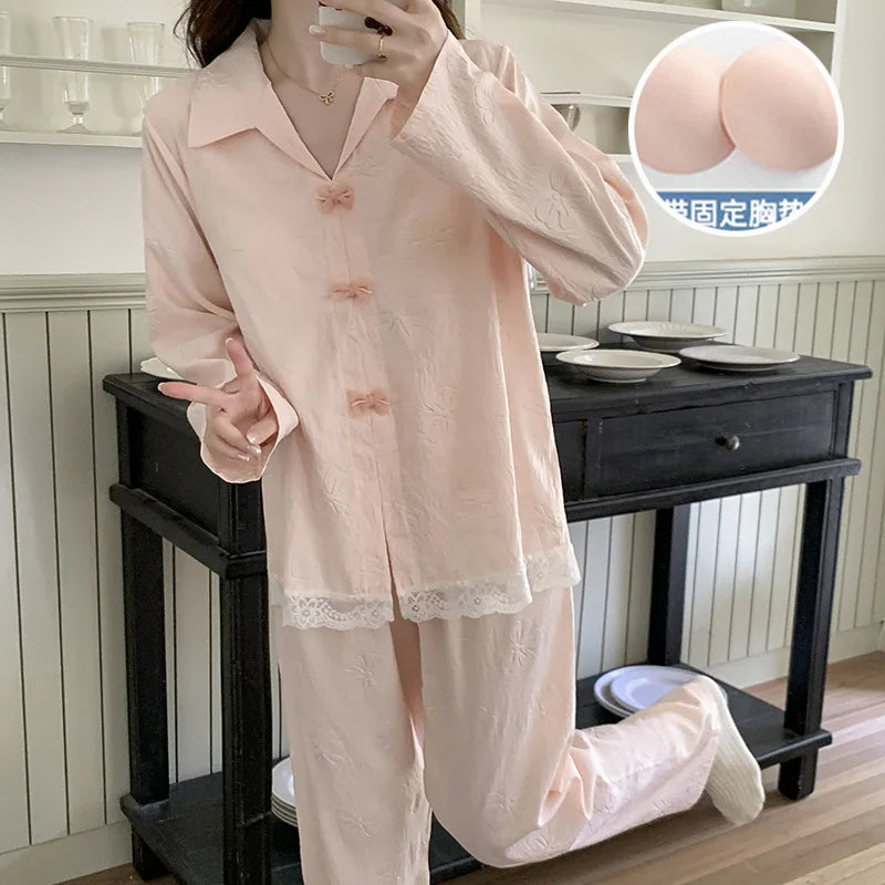 Korean Casual Women's Pajamas Set Sweet Cotton Nightwear Spring Autumn Sleepwear For Sleeping Bra Pad Home Suit For Women