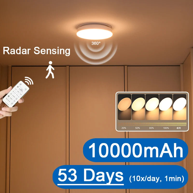 10000mAh Rechargeable Radar Motion Sensor Ceiling Light with Remote Wireless LED Light No Wiring Always-on Mode for Corridors