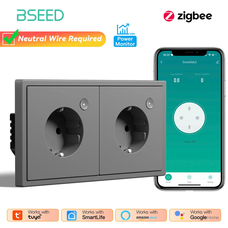 BSEED E Series Zigbee Socket Power Monitor Function Smart Electric Outlets Tuya Smart Life Google Home Control Plastic Frame