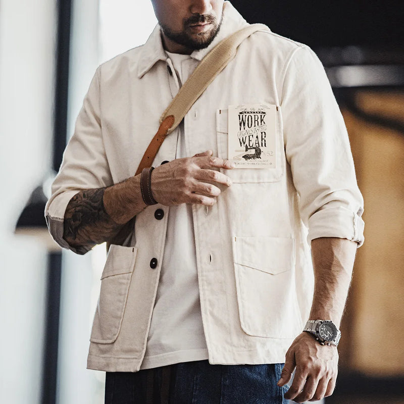 អាវធំ Maden Retro Heavyweight Cotton ជាមួយនឹងដៃអាវ Twill Lapel Sleeves Corduroy Splicing Design Single-Breasted Coat សម្រាប់រដូវស្លឹកឈើជ្រុះរបស់បុរស