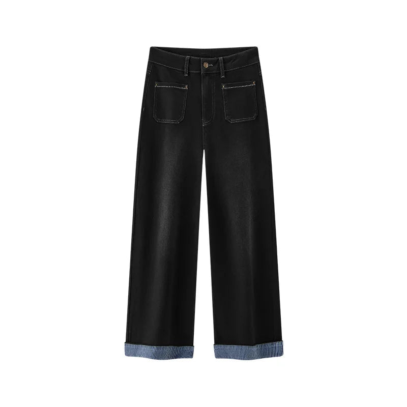 Semir Women Jeans Fleece Lined Panelled Design Stripe Pattern Loose Fit Wide Leg Cuffed Hem Full Length Solid Color 2026 Winter