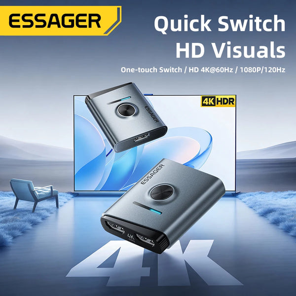 ឧបករណ៍ប្តូររូបភាព HD ពីរផ្លូវ Essager 2 ក្នុង 1 ចេញ 4K@60Hz ឧបករណ៍បំបែក HDMI ដែលឆបគ្នាសម្រាប់កុំព្យូទ័រ PS5 Xbox TV Box ម៉ូនីទ័រ ម៉ាស៊ីនបញ្ចាំង HDR 3D អាដាប់ទ័រ