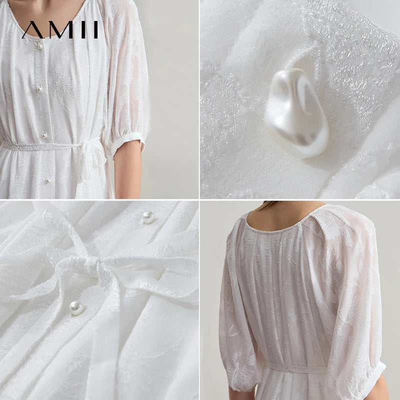 AMII Beige Dress Vacation 2026 Summer Office Lady Belt Chiffon Women Beaded Button A Line Round Neck Fairycore Dresses 12542143