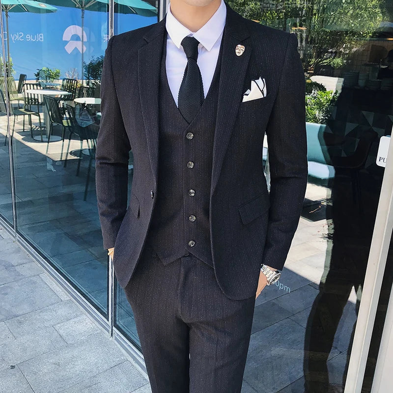 2026 Men Black Classic Striped/Checked Suits, Men's Business Office 3-Piece, Asian Size Slim Fit Sets, Blue/Gray Available
