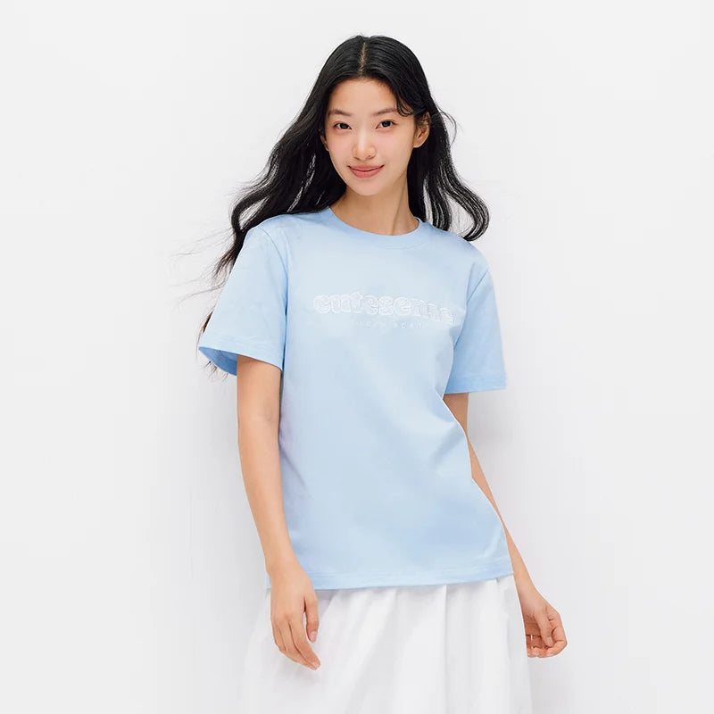 Cotton Lace Letter Embroidery Short Sleeve Summer 2026 Loose Fit Trendy Everyday Style Casual Top
