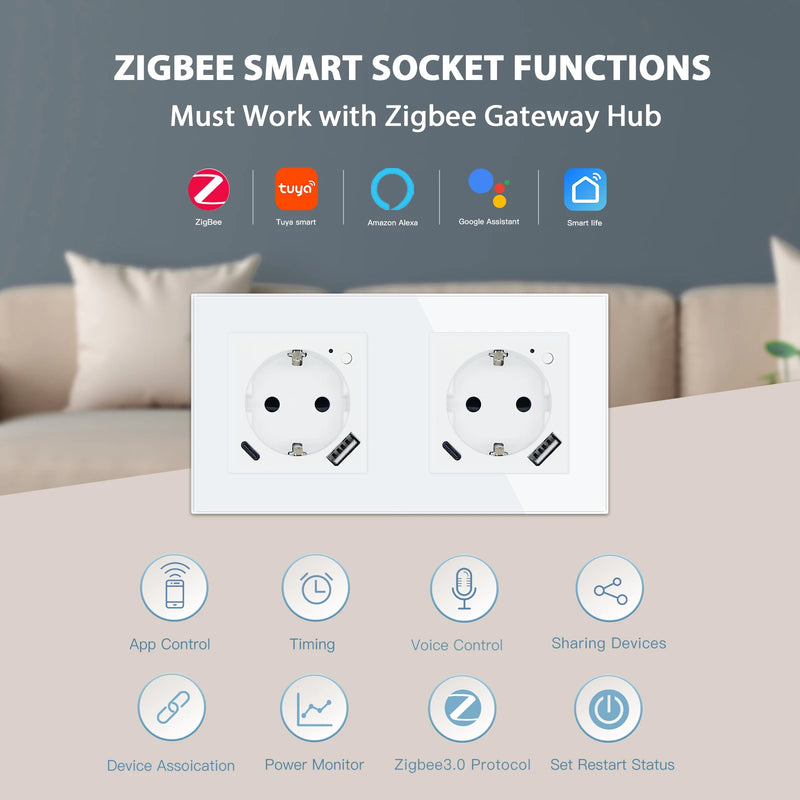 BSEED Zigbee Smart Socket 20W Fast Charge USB Type-C Phone Charge Port Glass Panel Tuya Google Home Alexa Control