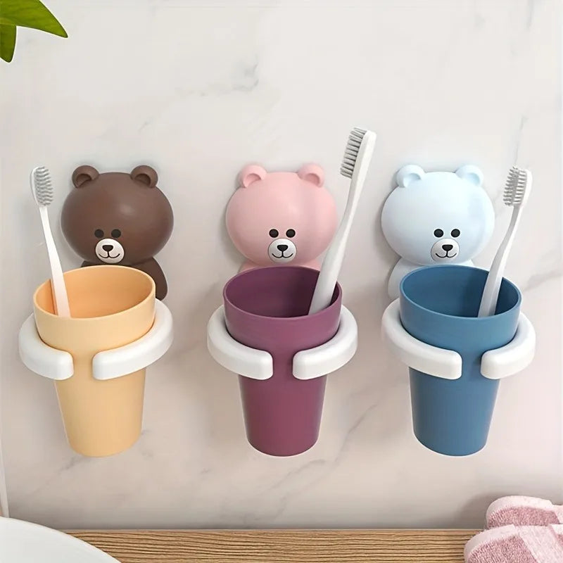 1pc Adorable Bear Wall-Mounted Toothbrush Holder with Gargle Cup,No Drill,Space-Saving,Bathroom Organizer.Tooth cup holder.