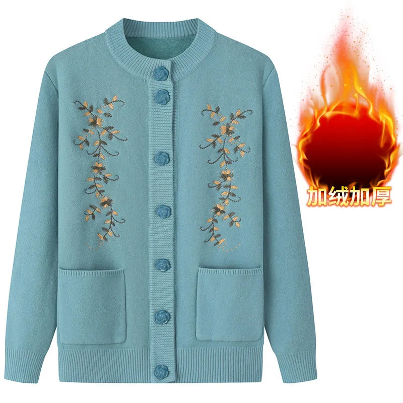 Fdfklak Vintage Print Woolen Shirt Casual Knitted Sweater Women Autumn Winter Velvet Cardigans Coat Middle Aged Mother Tops