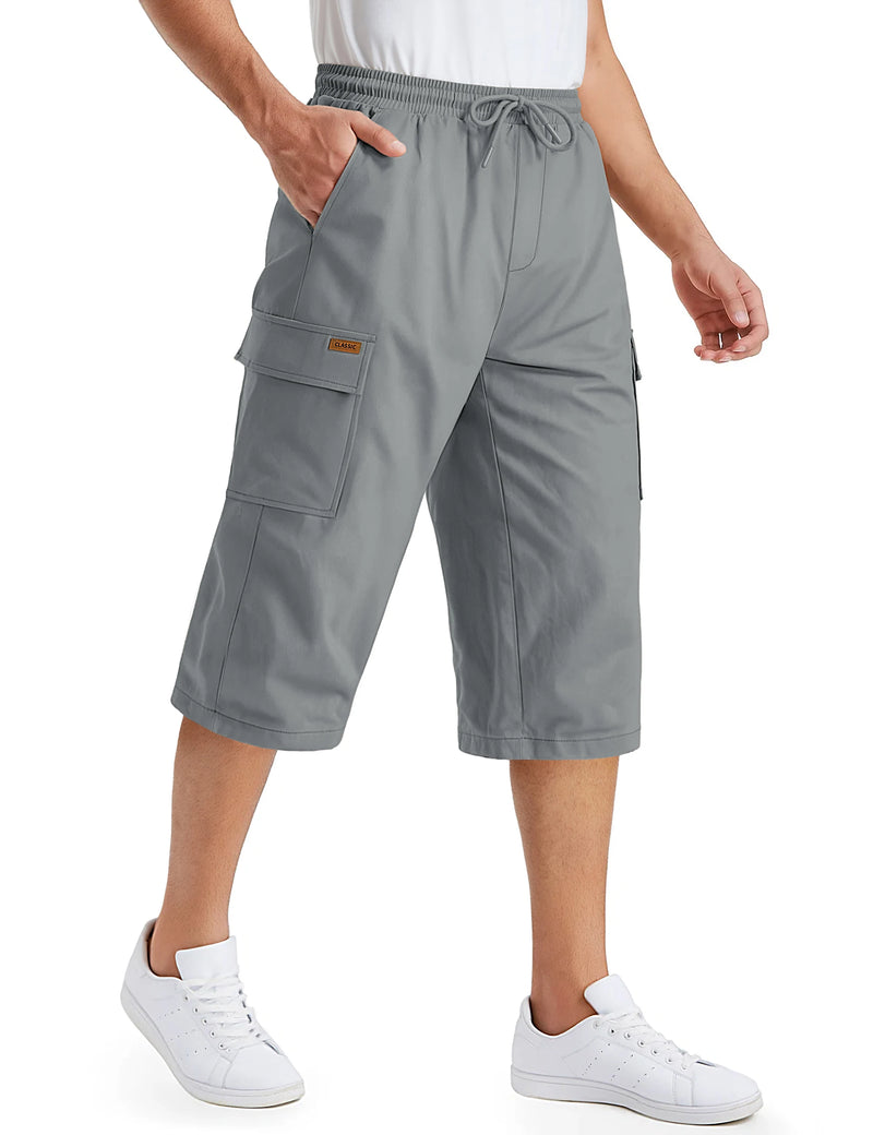 TACVASEN Mens Cargo Capri Short Pants 97% Cotton Below Knee Loose Fit Pants 6 Pockets Work Drawstring Waist Casual New Trousers