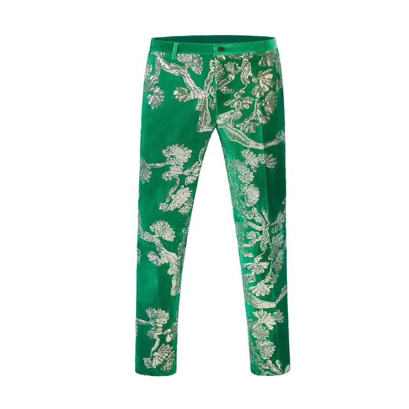 Luxurious Men's Green Two-piece Suit, Featuring A Jacket Embellished with Silver Circular Sequins and Matching Trousers.