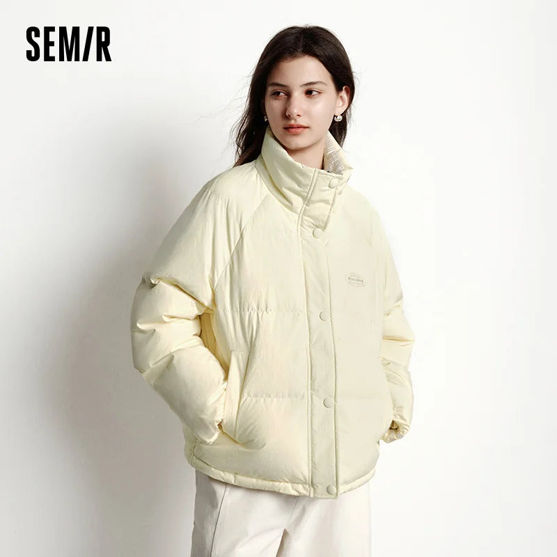 Semir Textured Down Jacket Stripe Patchwork Women 2026 Winter College Style Loose Fit Stand Collar Fashion Outerwear