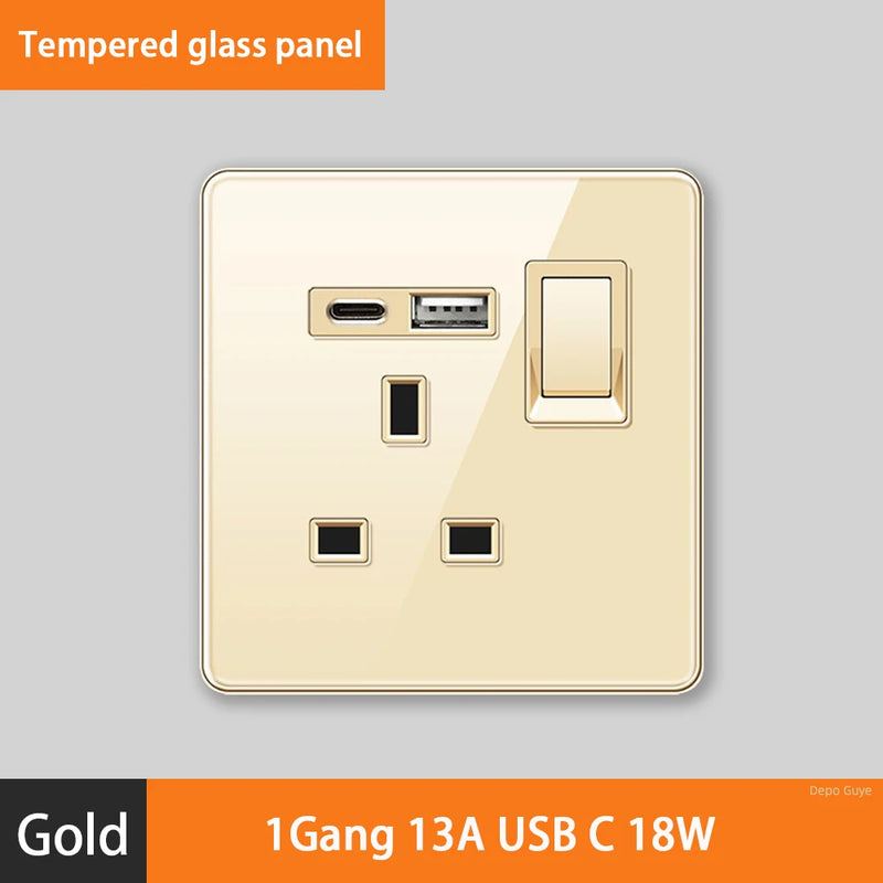 Luxury All Tempered Glass Wall Lamp Switch Button Golden UK Plug 13A Universal Wall Socket with Usb ,220V2gang2way Dimmer Switch