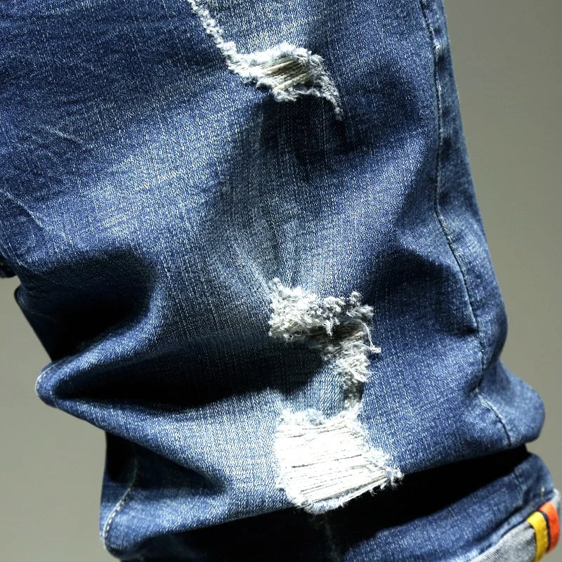 2026 New Men's Blue Hole Denim Shorts, Summer Casual Jeans Shorts Asian Sizes 28-36 38 40