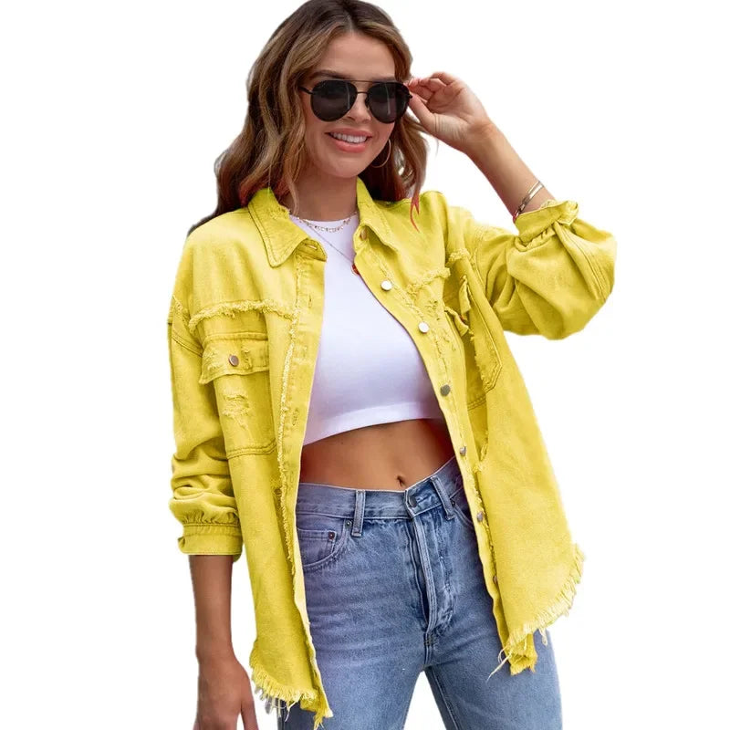 Women's Purple Mid-Length Raw Edge Ripped Denim Jacket, Red Long Sleeve Casual Lapel Coats Top, Green Blue Yellow Gray Optional