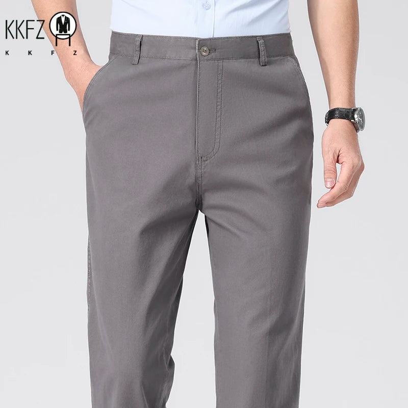 Men Cotton Straight Casual Chinos Soft Breathable Twill Fabric Zip Fly Side Slash Pockets Office Daily Commuting Long Bottoms
