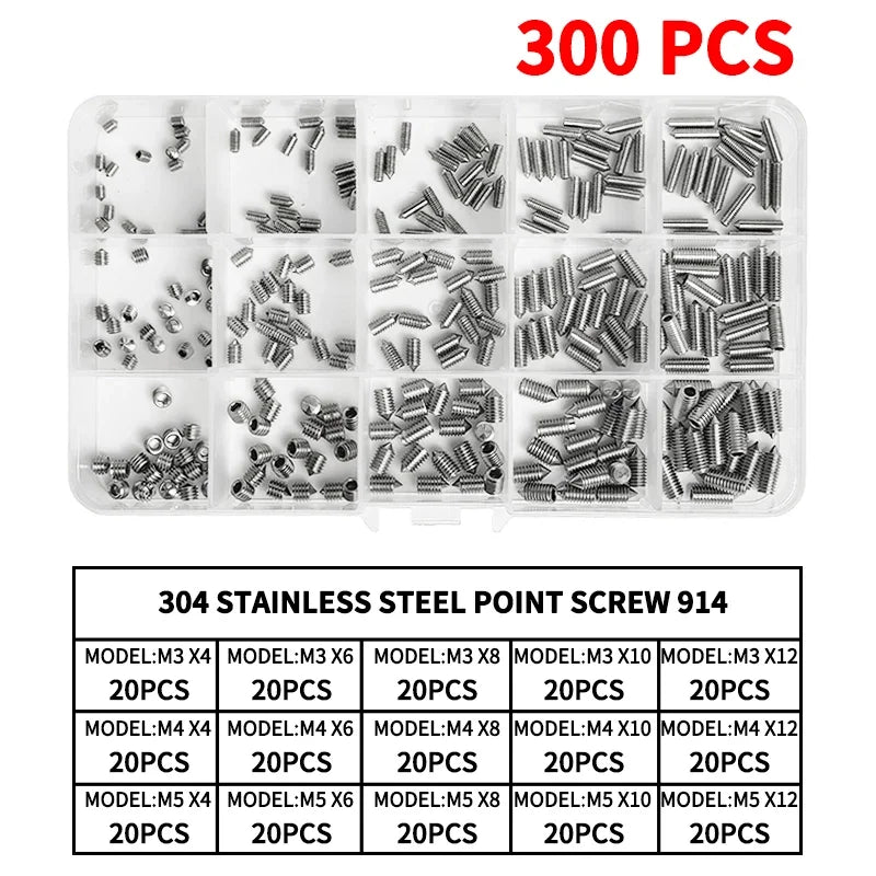 DIN914 304 -Stainless Steel Hex Socket Point Grub Screws M3 M4 M5 M6 M8 M10 Assortment Kit - High Hardness Fasteners Set