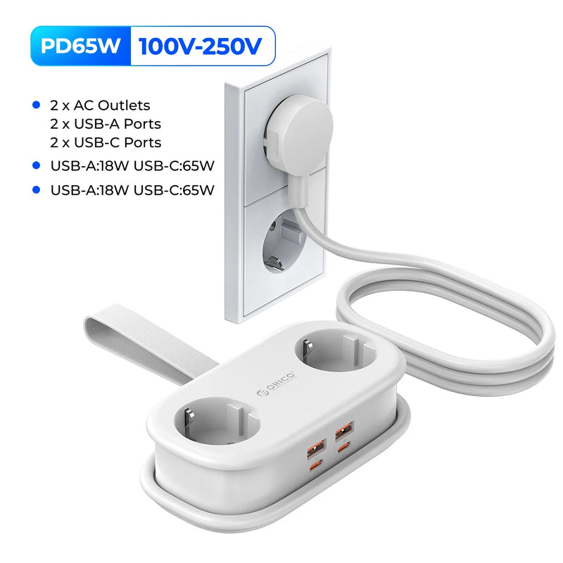 ORICO Cable-Wrap Portable Travel Power Strip 65W GaN Fast Charging Station with 2 AC Outlets 2 USB 2 Type-C EU Plug Adapter Home