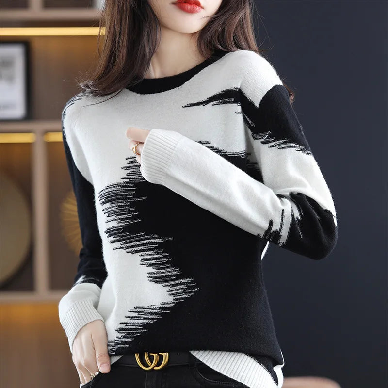 Female Jumper Round Neck Contrasting Color Sweater For Women Autumn Winter New Korean Version Knit Shirt Loose Pullovers Tops