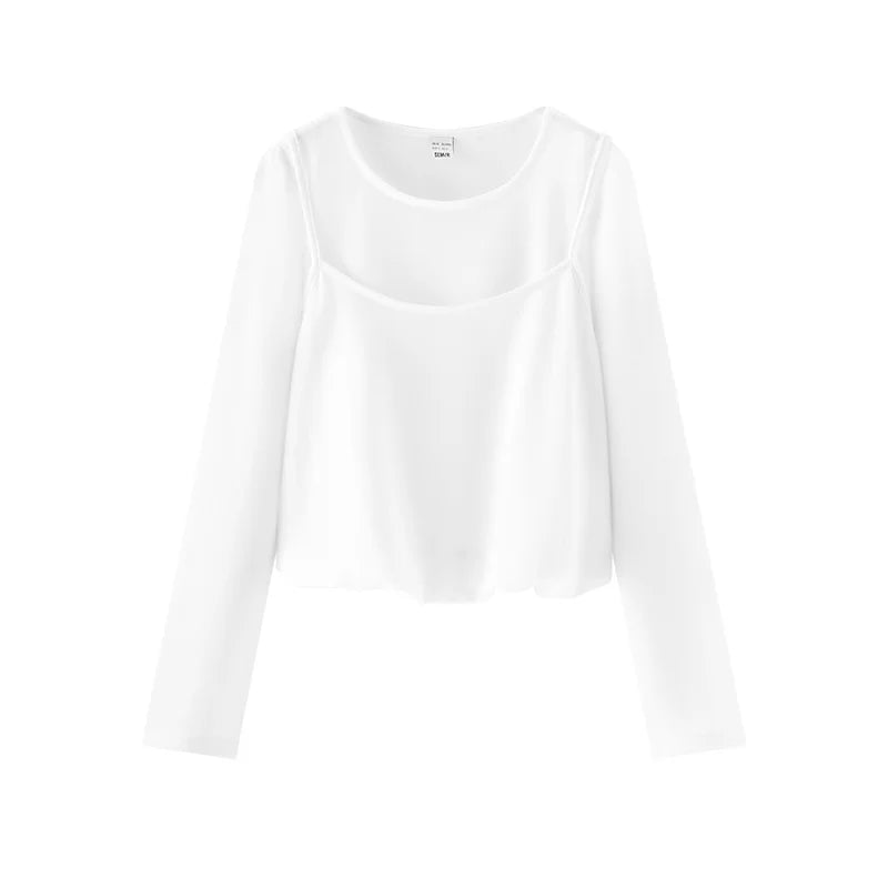 Semir Women Tshirt Long Sleeve Short Faux Two Piece Bubble Hem Slim Solid Sweet Casual Autumn Top Daily Wear 2026