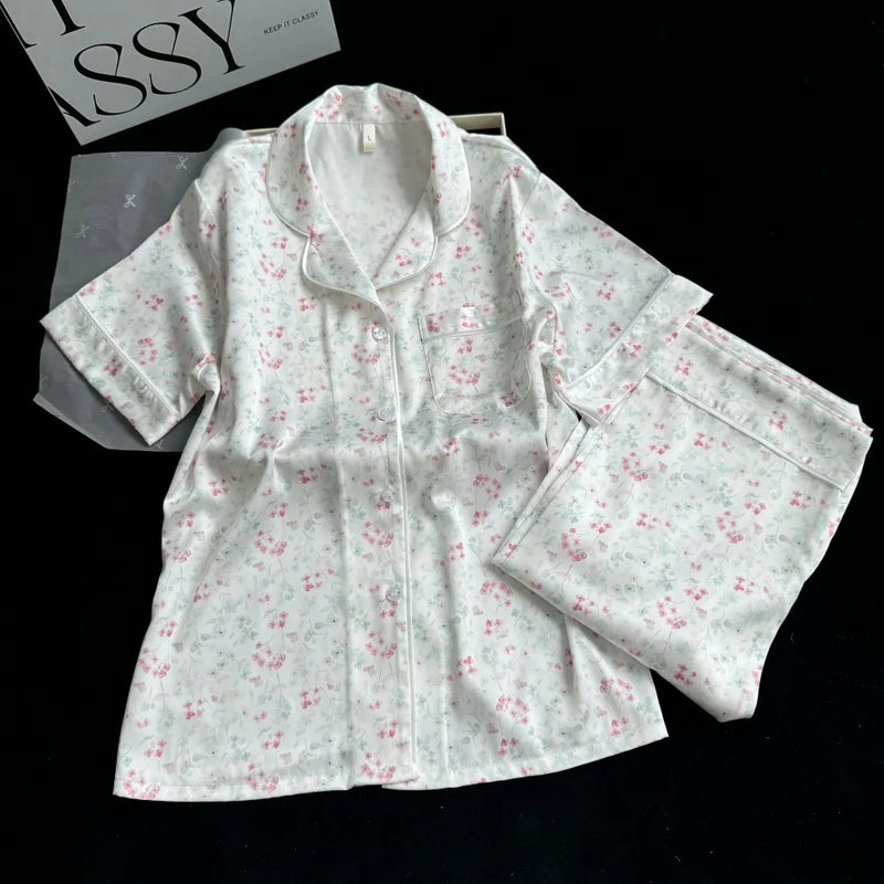 Women's Summer Lapel Pajamas 2 Pieces Sleepwear Nightwear Ice Silk Short Sleeve Button Top Trousers Loungewear for Women Pijama