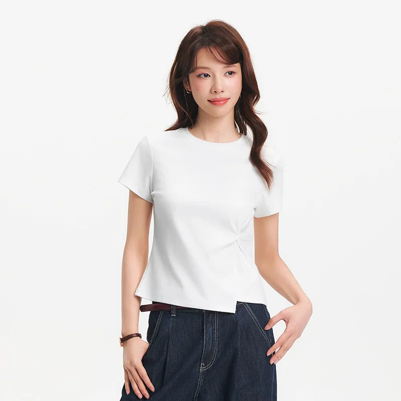 Semir Womens Tshirt 2026 Short Style Solid Slim Regular Shoulder Knot Asymmetric Design Casual Soft