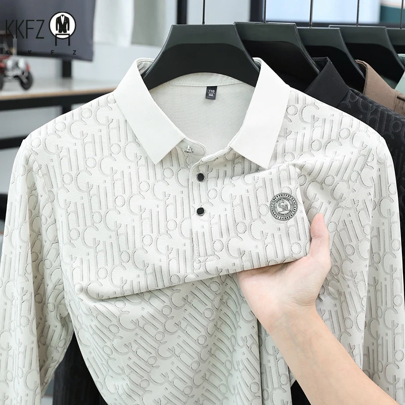 Mens Mesh Fabric Polo Shirt Short Sleeve Turn Down Collar Allover Letter Print Chest Embroidery Relax Fit Office Top