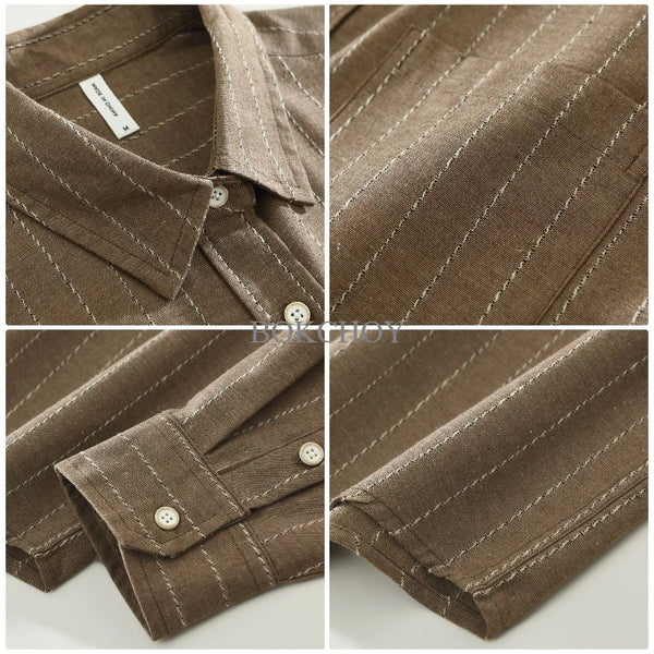 2026 Autumn New 100% Cotton Vintage Striped Shirt for Men Clothing Long Sleeve Big Pockets Male Shirts CM9520